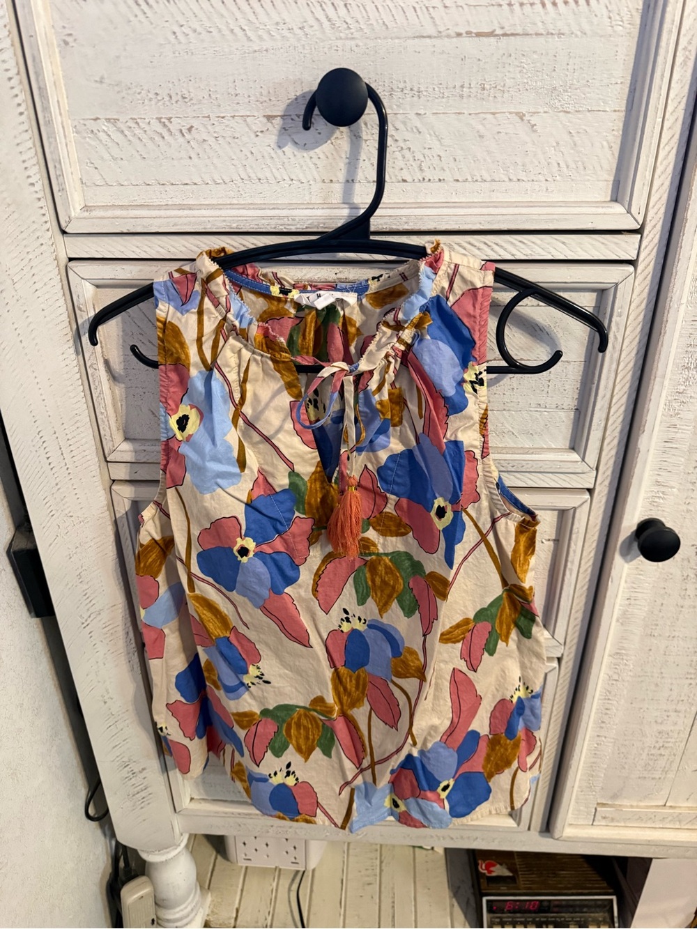 THML Sleeveless Ruffle-Tie Floral Top in Cream, Blue and Pink